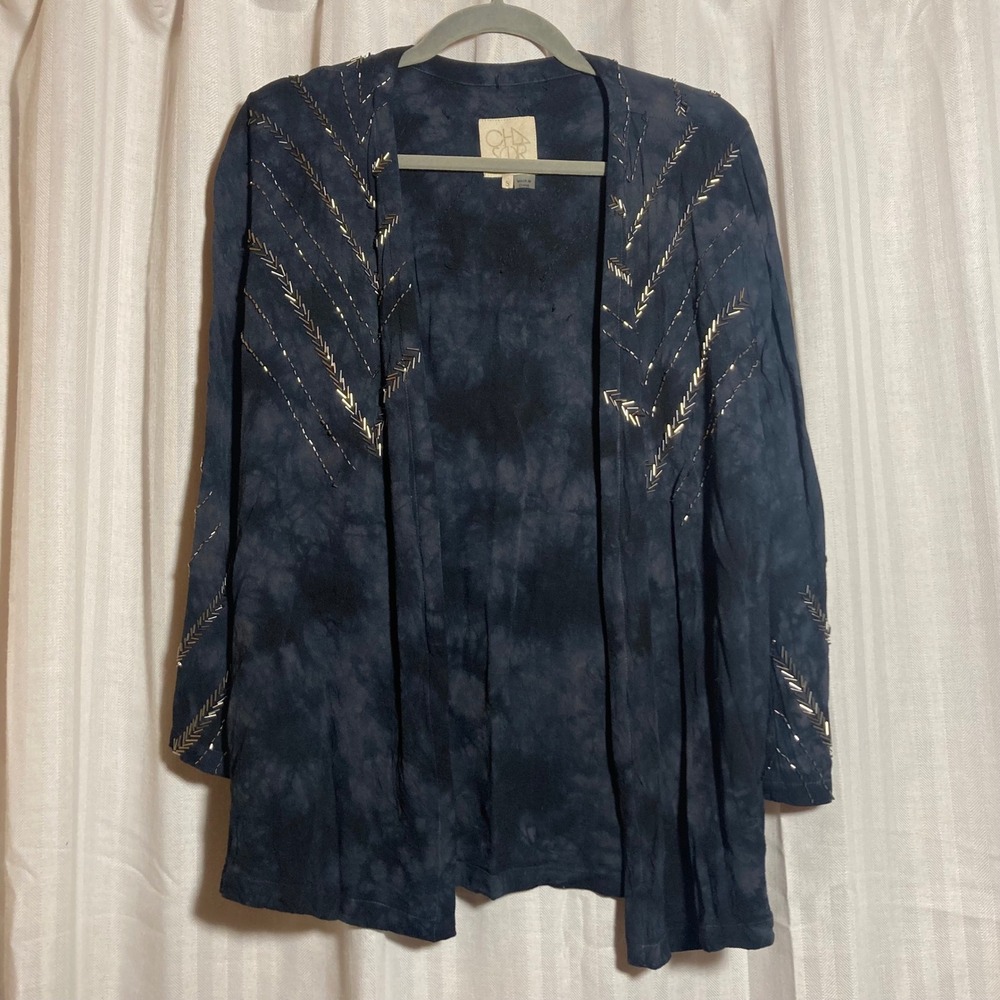 Chaser Women Gray Dark Tie Dye Beaded Open Front Cardigan S Boho Hippie Retro